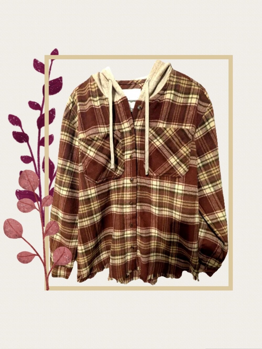 Wallflower Burgundy And Brown Plaid Hooded Jacket, Size XL